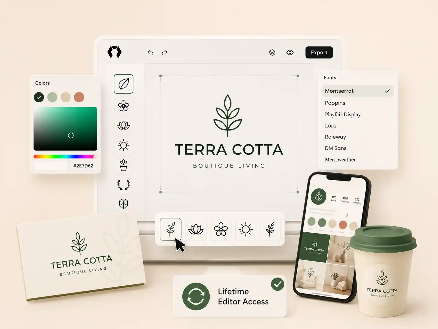 Logo Creator's built-in editor for customising colours and fonts Logo editor showing colour swatches and font selector